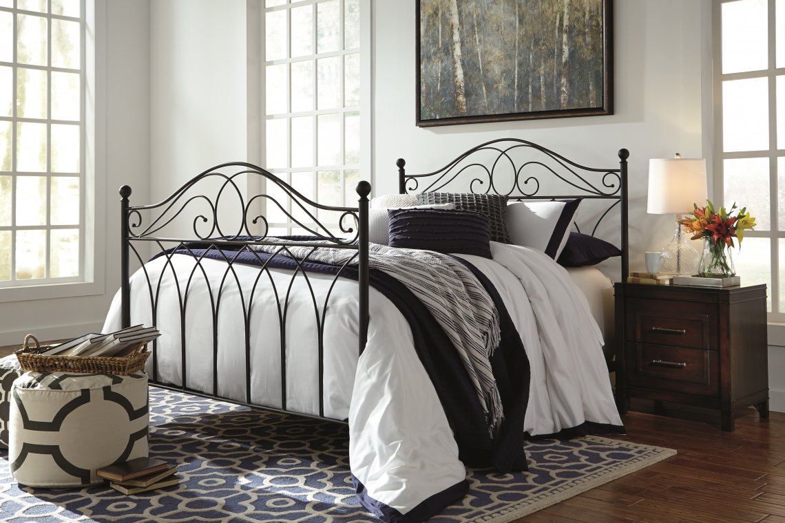 Nashburg metal bed frame with blue and white accents