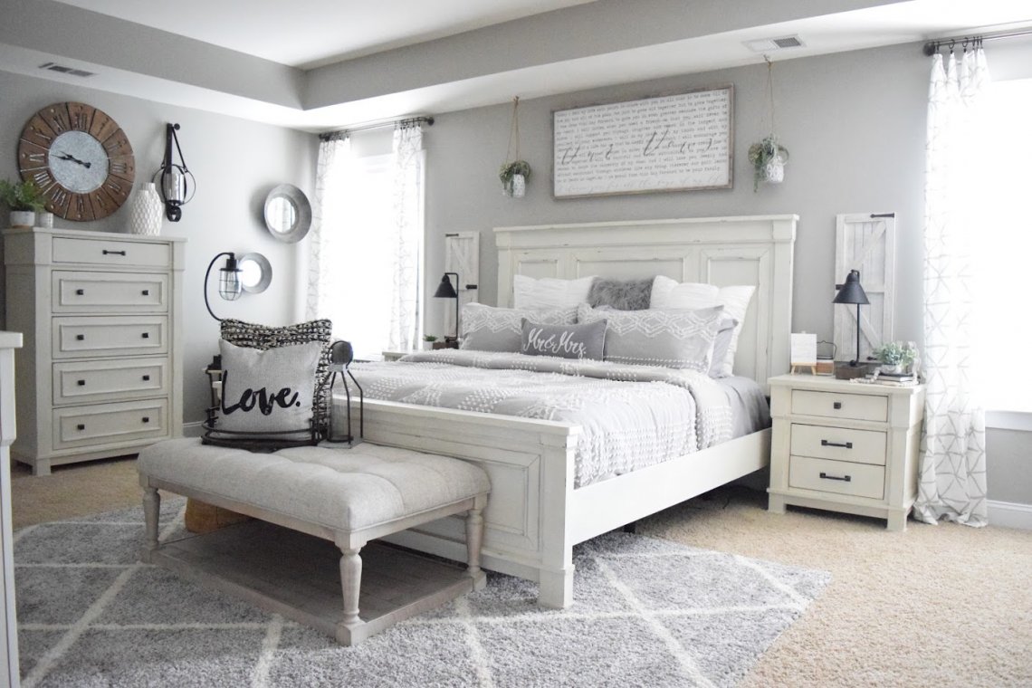 Wide angle shot of neutral bedroom.