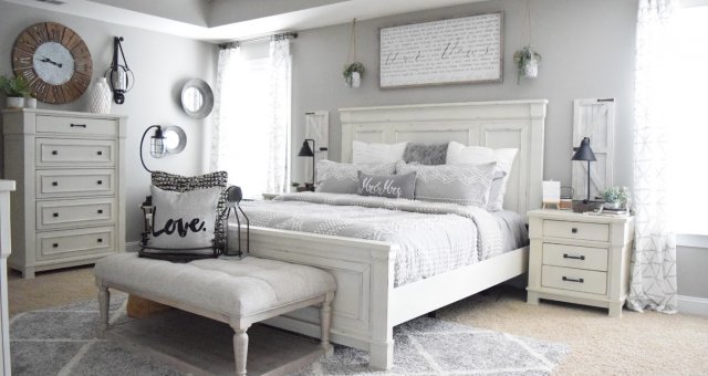 Wide angle shot of neutral bedroom.