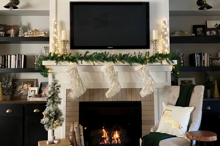 Holiday decorated fireplace